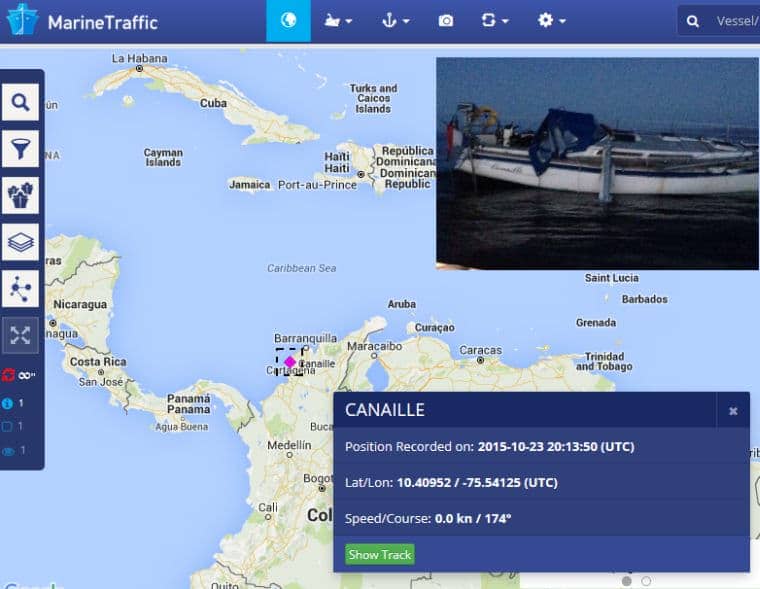 Laatst bekende positie lijkt Cartagena in Colombia op 2015-10-23 20:13:50 (UTC)