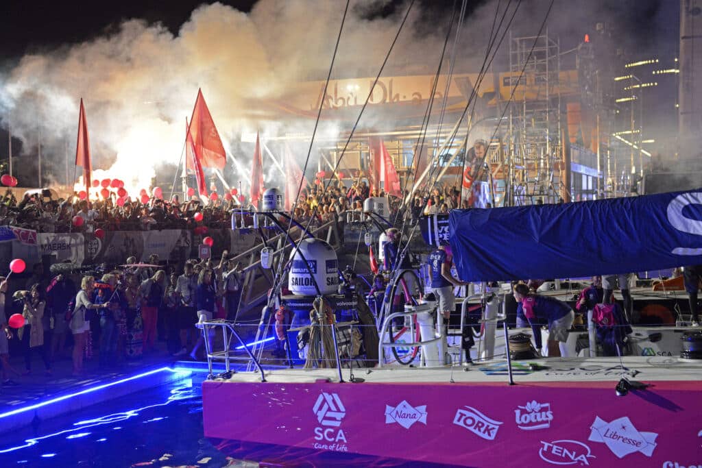 January 27, 2015. Team SCA 45 arrives in Sanya in sixth place after 23 days of sailing to a welcoming crowd in the Volvo Ocean Race Village.